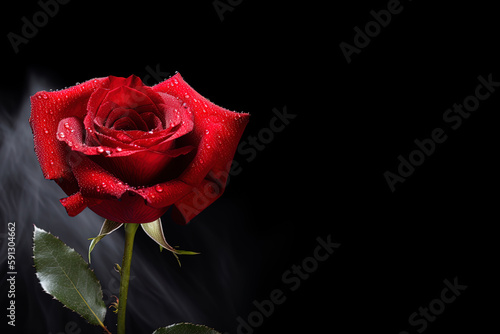 Beautiful red rose as a symbol of love on smoke black background with copy space. Created with Generative AI Technology