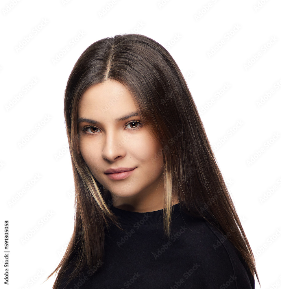 close-up headshot portrait of a brunette girl, on a white background isolate. close-up headshot portrait of a brunette girl, on a white background isolate.