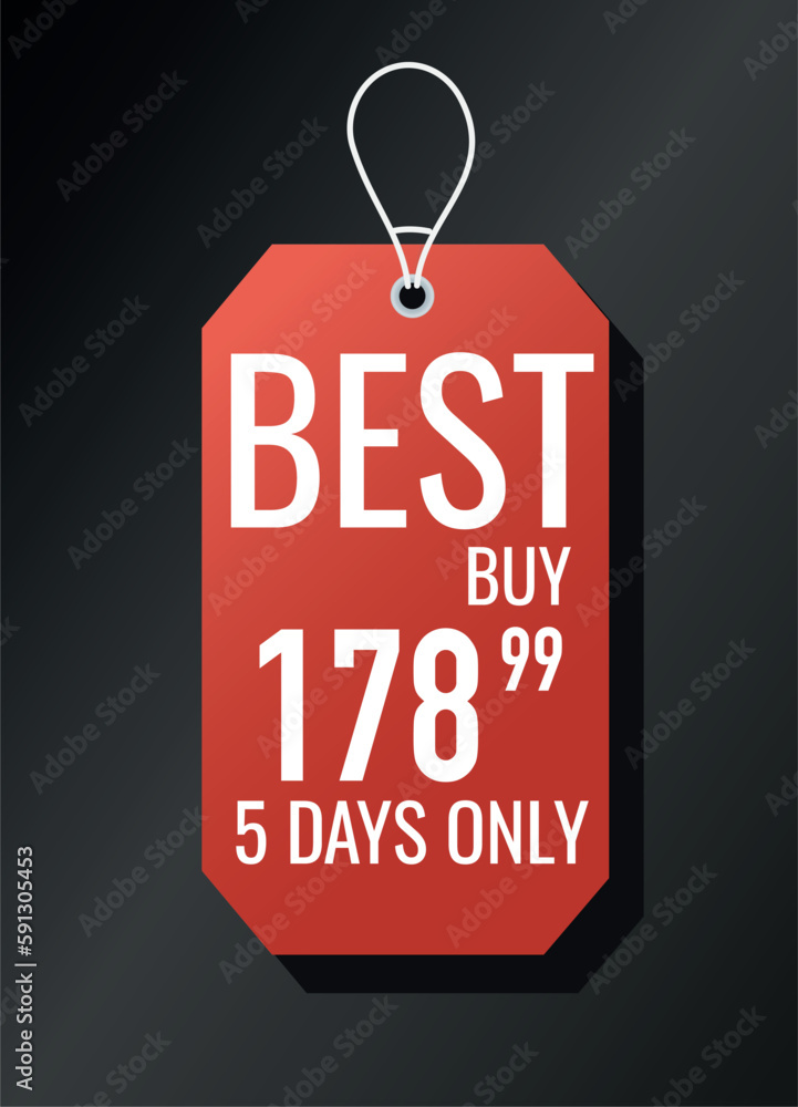 Red price tag. Best buy 5 days only. Special limited offer. Holiday and festival. Online shopping and ecommerce. Template, layout and mock up. Cartoon flat vector illustration