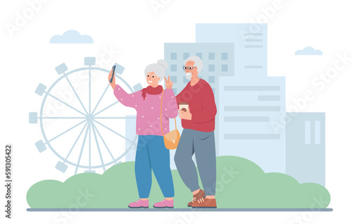 Couple of Elderly People using smartphone to take self-portrait in city with skyscrapers. Senior smiling man and woman traveling. Active grandparents concept. Vector flat illustration.