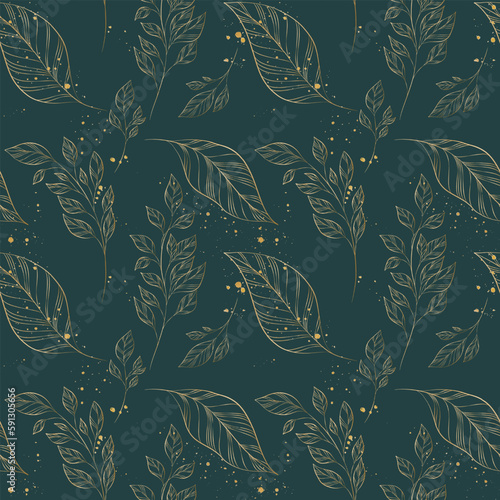 Luxury art background with exotic leaves in gold art line style. Botanical pattern for decoration design, print, textile, interior design, packaging, wallpaper.