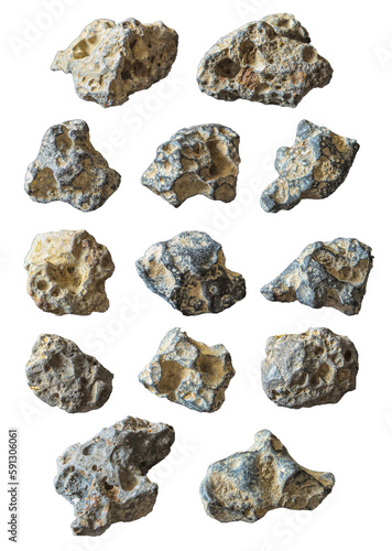 Collection of pitted and heavily textured rocks isolated on a transparent background