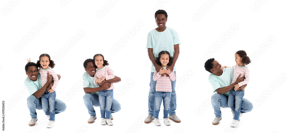 Obraz premium Set of happy African-American father and his little daughter on white background