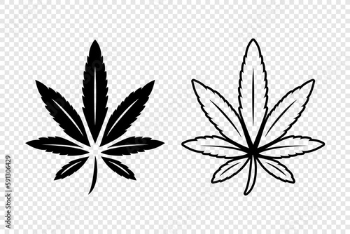 Cannabis Leaves. Hemp, Cannabis Leaf Silhouette, Flat, Outline Icon Set Closeup Isolated. Growing Medical Marijuana. Vector Illustration