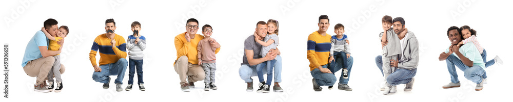 Set of happy fathers and their little children on white background Set of happy fathers and their little children on white background