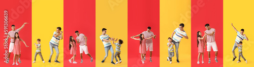 Collage of happy fathers and their little children on red and yellow backgrounds