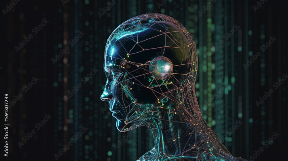 artificial intelligence head, neuronal network thinking, green and blue colors, mechanical thoughts, holographic, fractal, Generative AI artificial intelligence head, neuronal network thinking, green and blue colors, mechanical thoughts, holographic, fractal, Generative AI