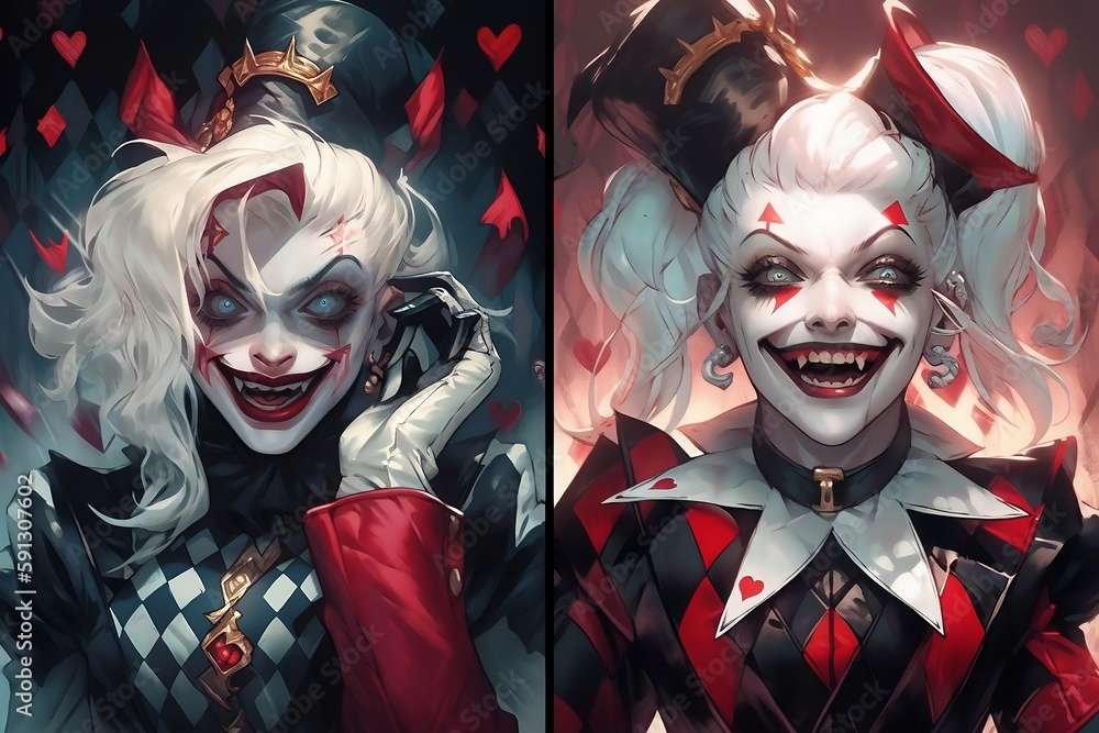 An illustration of crazy clown female vampire smiling wickedly ...