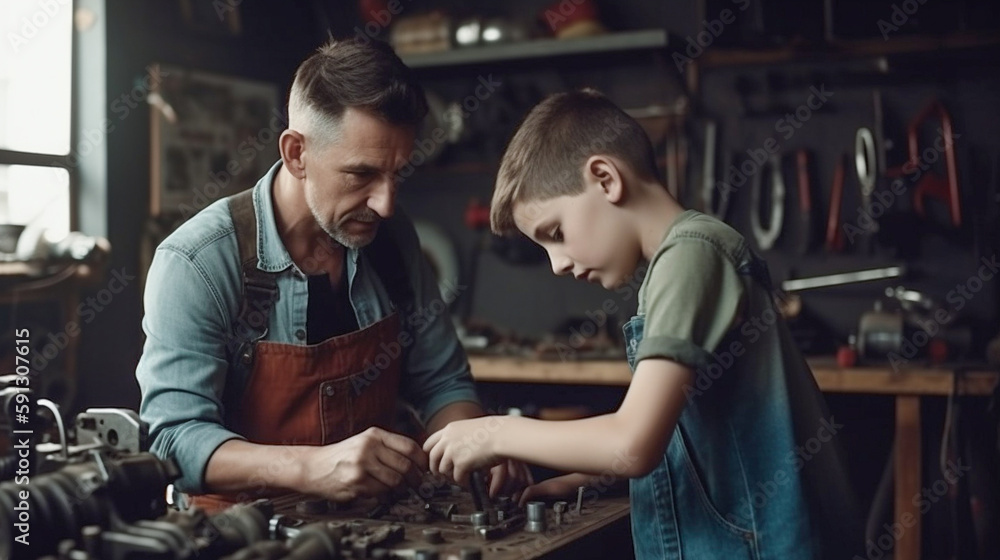 Young Adult Father Teaching His Young Son About Automobile Mechanics in the Garage - Generative AI. Young Adult Father Teaching His Young Son About Automobile Mechanics in the Garage - Generative AI.