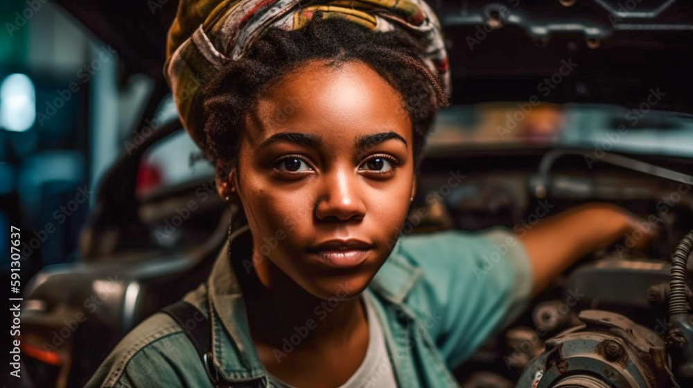Young Adult African American Female Mechanic In The Garage - Generative AI. Young Adult African American Female Mechanic In The Garage - Generative AI.