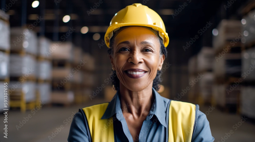 Middle-aged Adult Multiethnic Female Wearing Hard Hat and Safety Vest Standing in Warehouse - Generative AI. Middle-aged Adult Multiethnic Female Wearing Hard Hat and Safety Vest Standing in Warehouse - Generative AI.