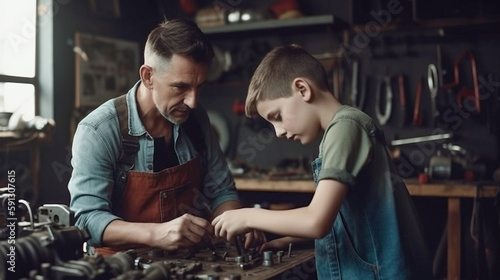 Young Adult Father Teaching His Young Son About Automobile Mechanics in the Garage - Generative AI.