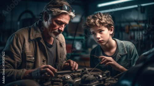 Young Adult Father Teaching His Young Son About Automobile Mechanics in the Garage - Generative AI.