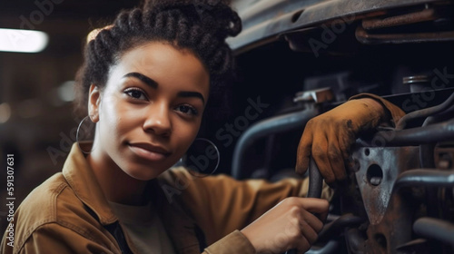 Young Adult African American Female Mechanic In The Garage - Generative AI.