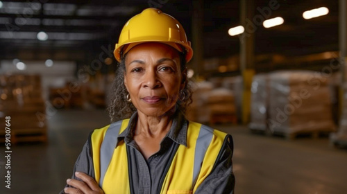 Middle-aged Adult Multiethnic Female Wearing Hard Hat and Safety Vest Standing in Warehouse - Generative AI. © Andy Dean