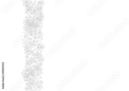 Snowflakes falling on white background. Horizontal Christmas and Happy New Year theme. Silver falling snowflakes for banner, gift card, party invitation, partner compliment and special business offers