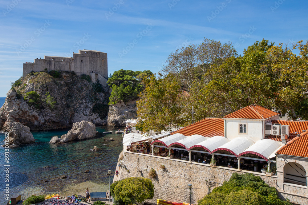 Pile Bay near Dubrovnik old town with fortress Lovrijenac