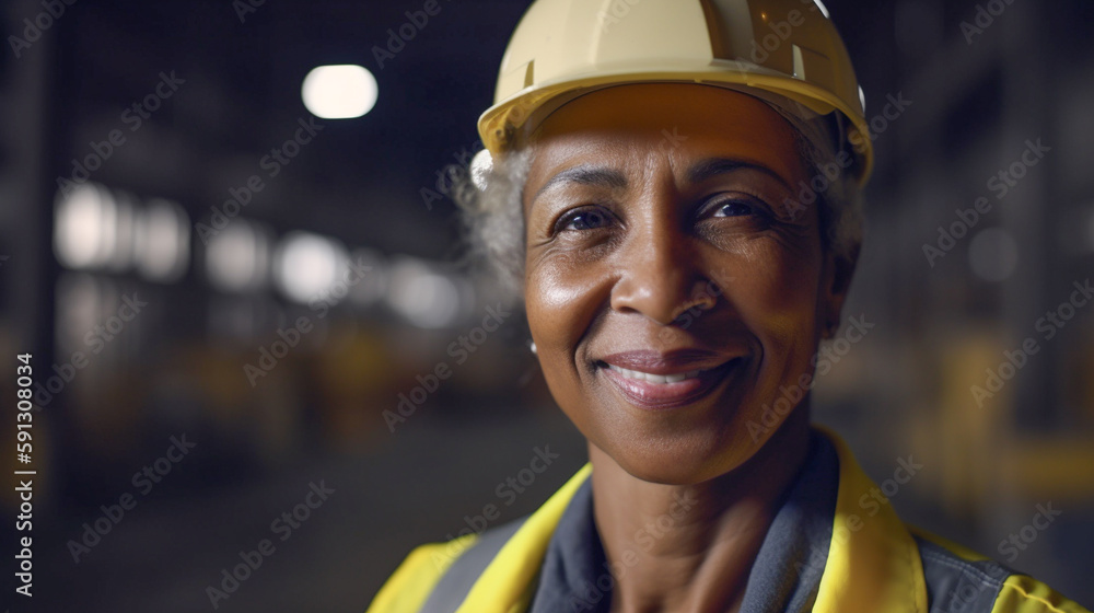 Middle-aged Adult Multiethnic Female Wearing Hard Hat and Safety Vest Standing in Warehouse - Generative AI. Middle-aged Adult Multiethnic Female Wearing Hard Hat and Safety Vest Standing in Warehouse - Generative AI.