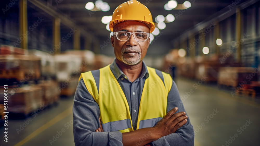 Middle-aged Adult Multiethnic Male Wearing Hard Hat and Safety Vest Standing in Warehouse - Generative AI. Middle-aged Adult Multiethnic Male Wearing Hard Hat and Safety Vest Standing in Warehouse - Generative AI.