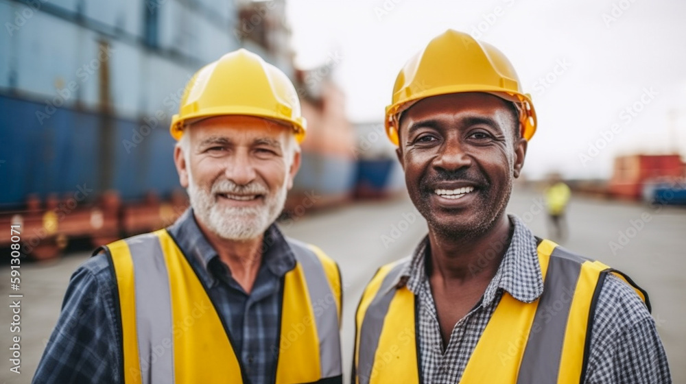 Two Smiling Middle-aged Adult Multiethnic Male Workers Wearing Hard Hat and Safety Vest Standing at a Shipping Dock - Generative AI. Two Smiling Middle-aged Adult Multiethnic Male Workers Wearing Hard Hat and Safety Vest Standing at a Shipping Dock - Generative AI.