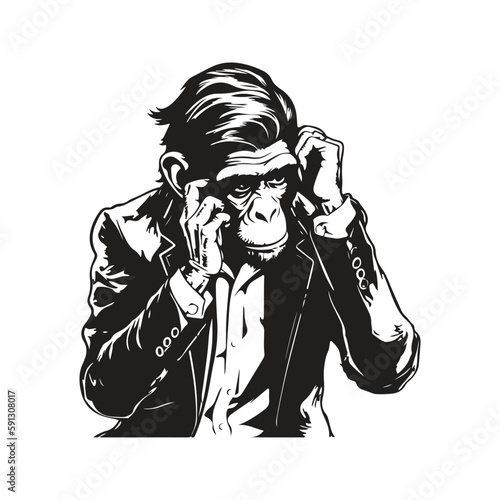 frustrated monkey in business suit, vintage logo concept black and white color, hand drawn illustration