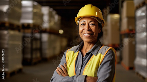 Middle-aged Adult Multiethnic Female Wearing Hard Hat and Safety Vest Standing in Warehouse - Generative AI.