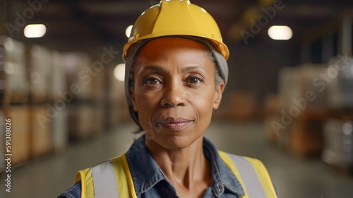 Middle-aged Adult Multiethnic Female Wearing Hard Hat and Safety Vest Standing in Warehouse - Generative AI. © Andy Dean