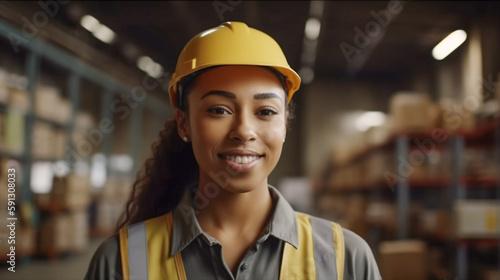 Young Adult Multiethnic Female Wearing Hard Hat and Safety Vest Standing in Warehouse - Generative AI.