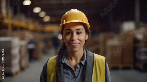 Young Adult Multiethnic Female Wearing Hard Hat and Safety Vest Standing in Warehouse - Generative AI.
