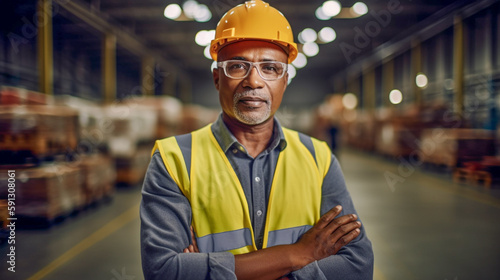 Middle-aged Adult Multiethnic Male Wearing Hard Hat and Safety Vest Standing in Warehouse - Generative AI.