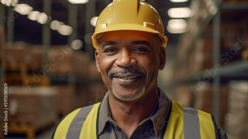 Middle-aged Adult Multiethnic Male Wearing Hard Hat and Safety Vest Standing in Warehouse - Generative AI. © Andy Dean