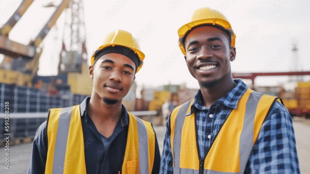 Two Smiling Young Adult Multiethnic Male Workers Wearing Hard Hat and Safety Vest Standing at a Shipping Dock - Generative AI. Two Smiling Young Adult Multiethnic Male Workers Wearing Hard Hat and Safety Vest Standing at a Shipping Dock - Generative AI.