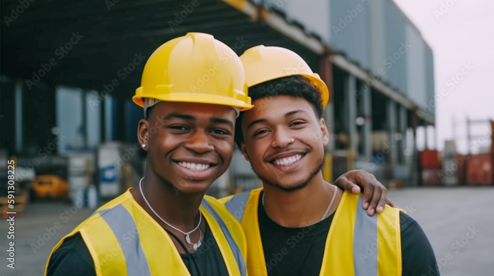 Two Smiling Young Adult Multiethnic Male Workers Wearing Hard Hat and Safety Vest Standing at a Shipping Dock - Generative AI. Two Smiling Young Adult Multiethnic Male Workers Wearing Hard Hat and Safety Vest Standing at a Shipping Dock - Generative AI.