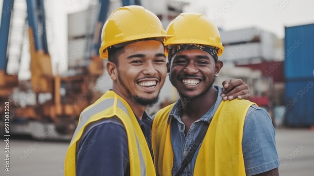 Two Smiling Young Adult Multiethnic Male Workers Wearing Hard Hat and Safety Vest Standing at a Shipping Dock - Generative AI. Two Smiling Young Adult Multiethnic Male Workers Wearing Hard Hat and Safety Vest Standing at a Shipping Dock - Generative AI.