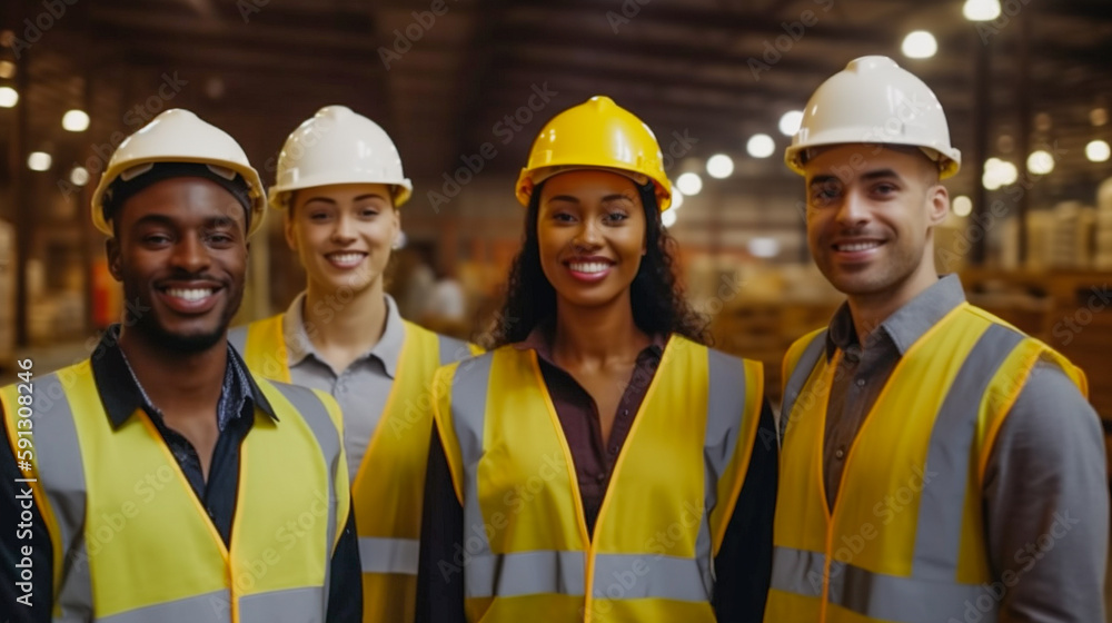 Smiling Young Adult Multiethnic Female and Male Worker Wearing Hard Hat and Safety Vest Standing in Warehouse - Generative AI. Smiling Young Adult Multiethnic Female and Male Worker Wearing Hard Hat and Safety Vest Standing in Warehouse - Generative AI.