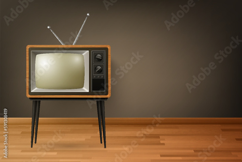 Vector 3d Realistic Retro TV Receiver on Wooden Floor. Home Interior Design Concept. Vintage TV Set, Television, Front View