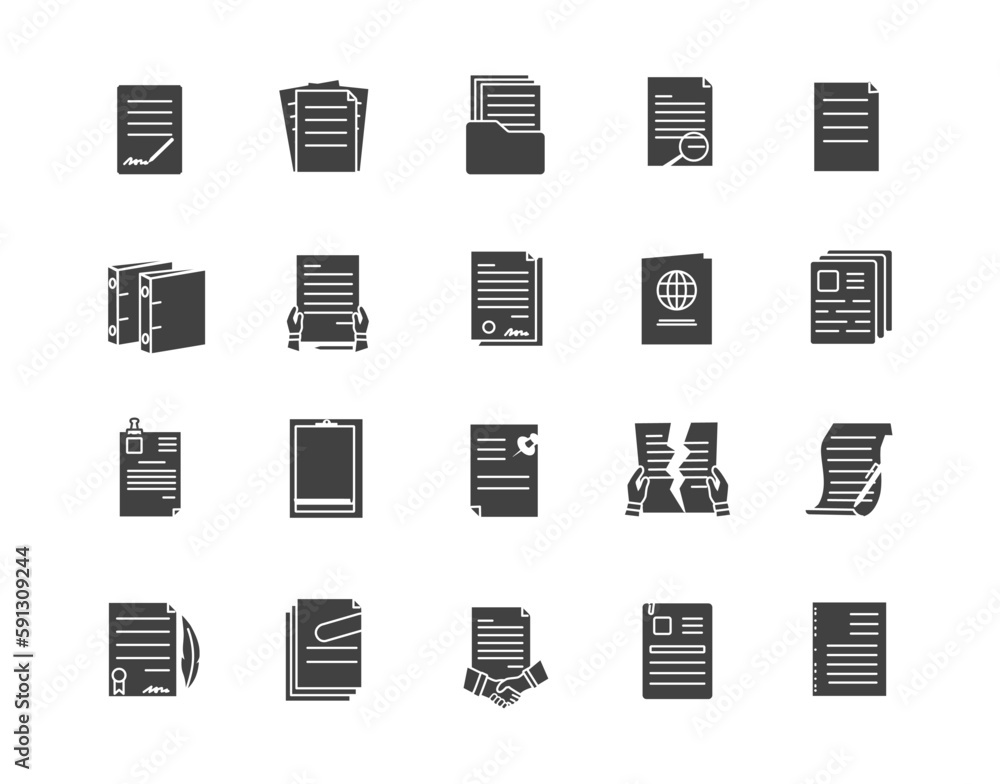 Black documents icon set. Electronic storage and archive. Paperwork at office, contracts. Collection of graphic elements for website. Cartoon flat vector illustrations isolated on white background Black documents icon set. Electronic storage and archive. Paperwork at office, contracts. Collection of graphic elements for website. Cartoon flat vector illustrations isolated on white background