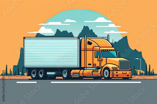 yellow semi truck traveling down a highway. Generative AI photo