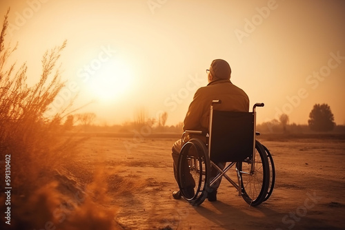Um homem com deficiência está sentado em uma cadeira de rodas