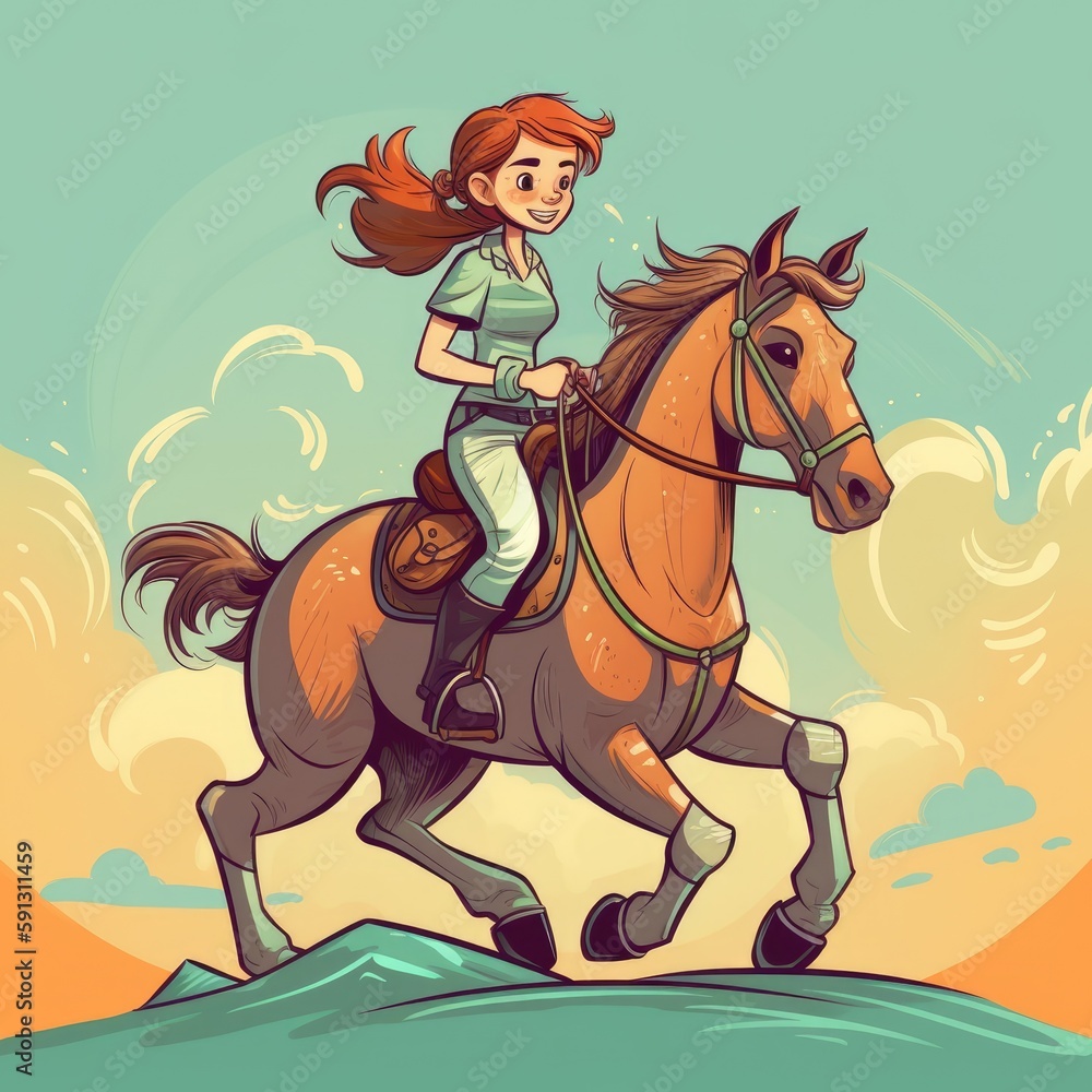 A girl riding on a horse, cartoon illustration with generative ai A girl riding on a horse, cartoon illustration with generative ai