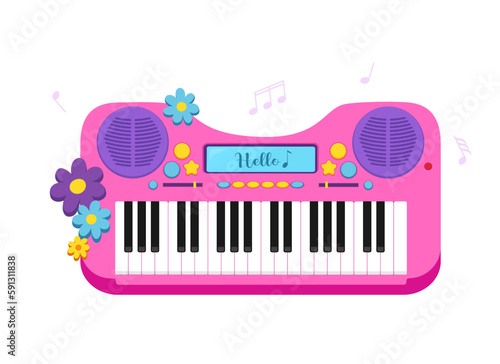 Cartoon illustration of a colorful kid's musical instrument with notes on white background
