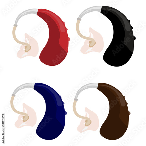 set of colored hearing aid device, flat cartoon illustration. 