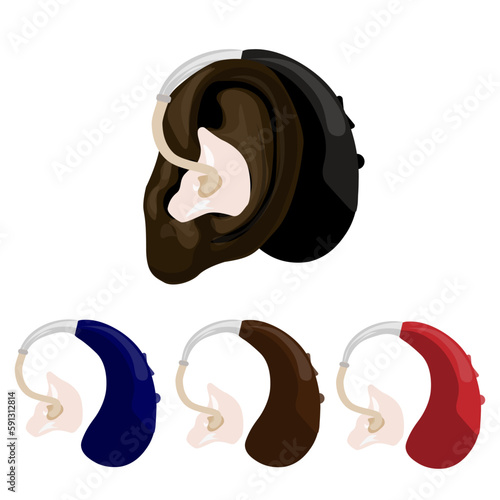 Deaf and hear aid concept. dark skin tones ear.  Vector flat human illustration set. with set of colored hearing aid device.