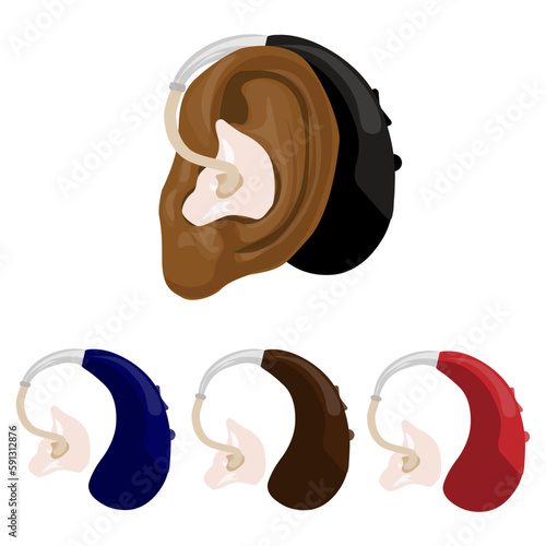 Deaf and hear aid concept.medium dark skin tones ear. Vector flat human illustration set. with set of colored hearing aid device.