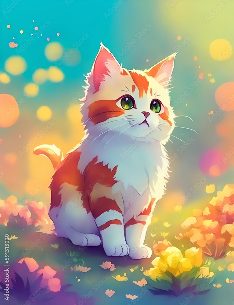 A cartoon cat with green eyes sits on a rock in a field with a colorful landscape., Created with Generative AI Technology