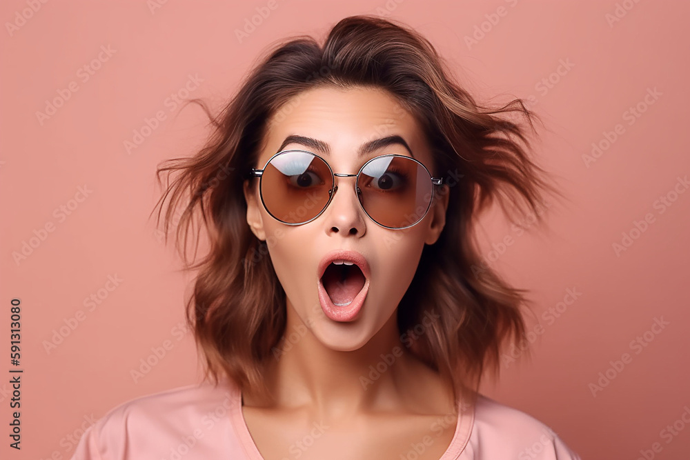 Mulher jovem e atraente surpresa usando óculos escuros Mulher jovem e atraente surpresa usando óculos escuros