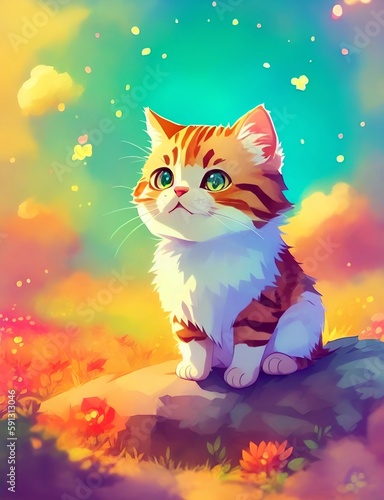 A cartoon cat with green eyes sits on a rock in a field with a colorful landscape., Created with Generative AI Technology