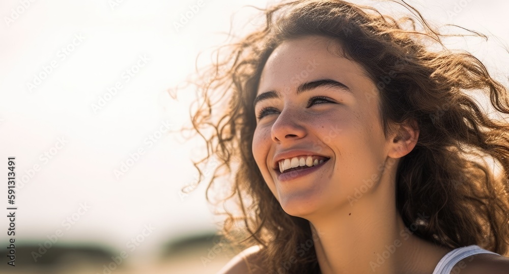 Happy woman enjoying freedom at the beach. Generative AI Happy woman enjoying freedom at the beach. Generative AI
