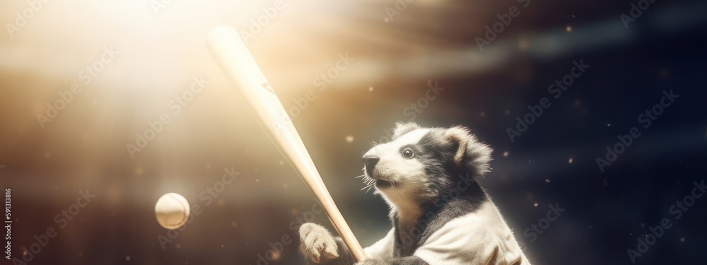 Naklejka premium Skunk Athletic Baseball Player Hitting Baseball At Game Generative AI