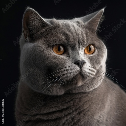 Studio portrait of British shorthair grey cat with big wide face on Isolated Black background